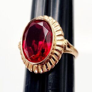 Vintage USSR Soviet Union Art Deco Red Ruby 583 Solid Rose Gold Ring 6.5